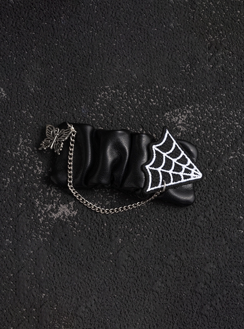 Subculture Punk Y2K Metal Butterfly Chain Spider Web Embroidery Gothic Lolita Black Wrinkled Leather Hairpin