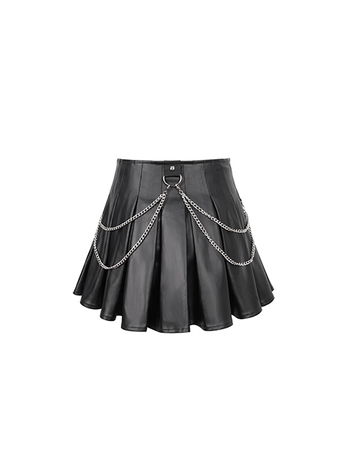 Gothic Style Pleated Faux Leather Side Webbing Eyelet Center Chain Decoration Black Adjustable Skirt