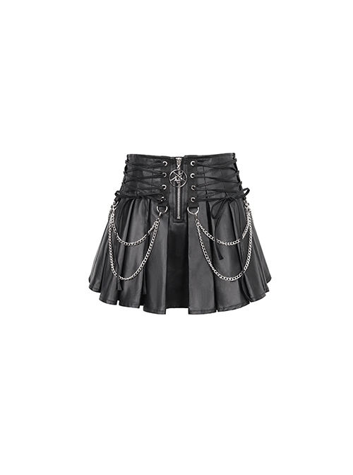 Gothic Style Pleated Faux Leather Side Webbing Eyelet Center Chain Decoration Black Adjustable Skirt