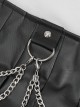 Gothic Style Pleated Faux Leather Side Webbing Eyelet Center Chain Decoration Black Adjustable Skirt