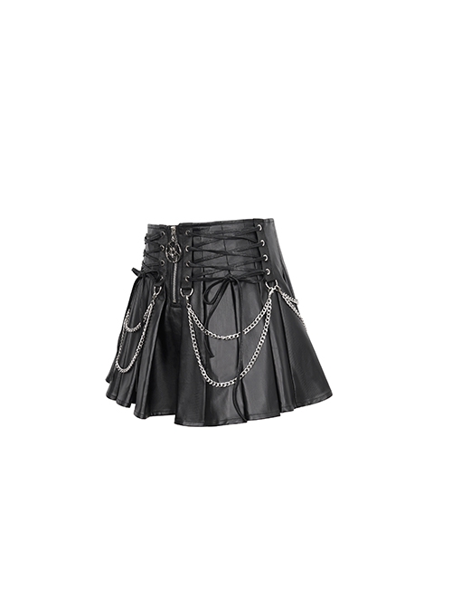 Gothic Style Pleated Faux Leather Side Webbing Eyelet Center Chain Decoration Black Adjustable Skirt