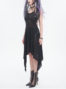 Punk Style Irregular Wool Pattern Chest Metal Chain Suspenders Black Backless Sleeveless Dress