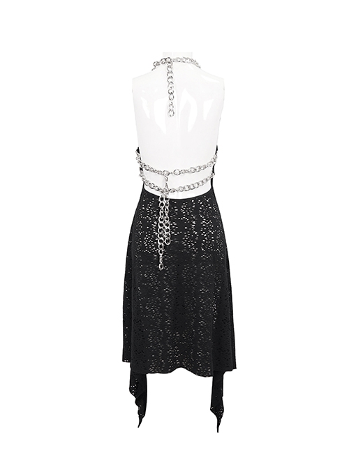 Punk Style Irregular Wool Pattern Chest Metal Chain Suspenders Black Backless Sleeveless Dress