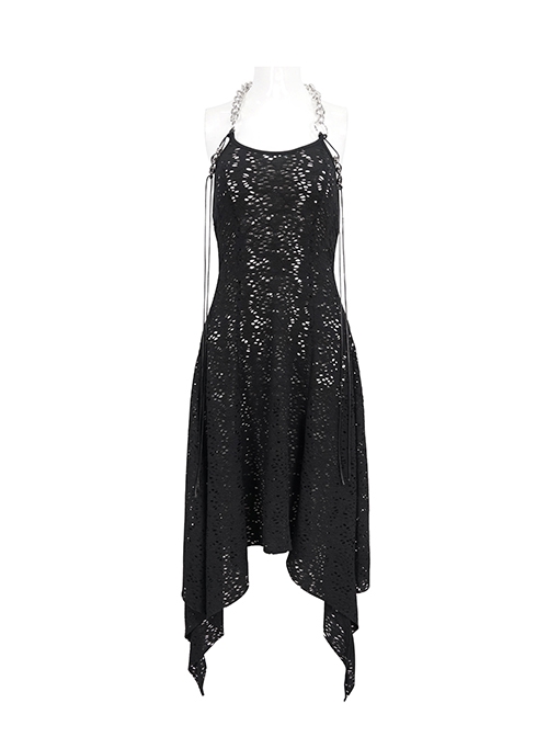 Punk Style Irregular Wool Pattern Chest Metal Chain Suspenders Black Backless Sleeveless Dress