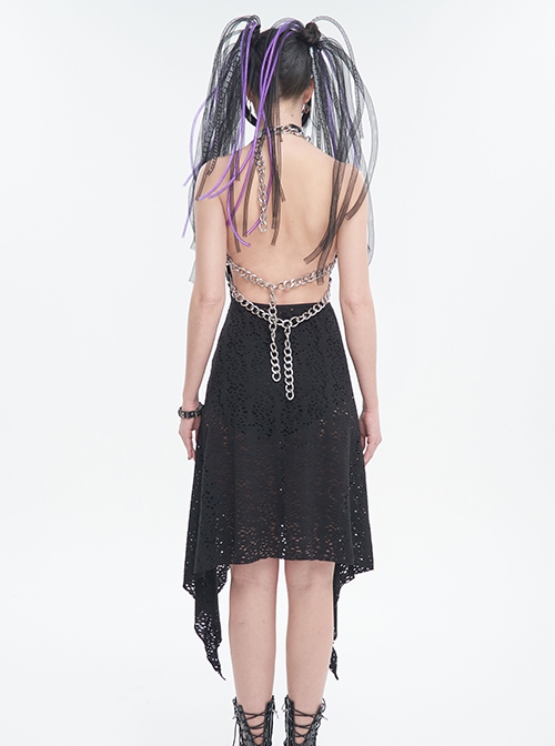 Punk Style Irregular Wool Pattern Chest Metal Chain Suspenders Black Backless Sleeveless Dress