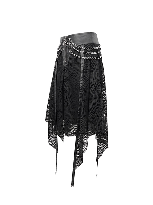 Punk Style Irregular Wool Pattern Chest Metal Chain Suspenders Black Backless Sleeveless Dress