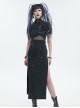 Punk Style Irregular Print Rubber Splicing Elastic Mesh Side Slit Black Daily Short Sleeved Dress