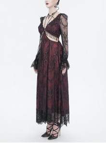 Gothic Style Sexy Lace Front Chest Metal Ring Link Waist Hollow Applique Red Long Sleeved Dress