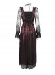 Gothic Style Sexy Lace Front Chest Metal Ring Link Waist Hollow Applique Red Long Sleeved Dress