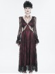 Gothic Style Sexy Lace Front Chest Metal Ring Link Waist Hollow Applique Red Long Sleeved Dress