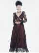 Gothic Style Sexy Lace Front Chest Metal Ring Link Waist Hollow Applique Red Long Sleeved Dress