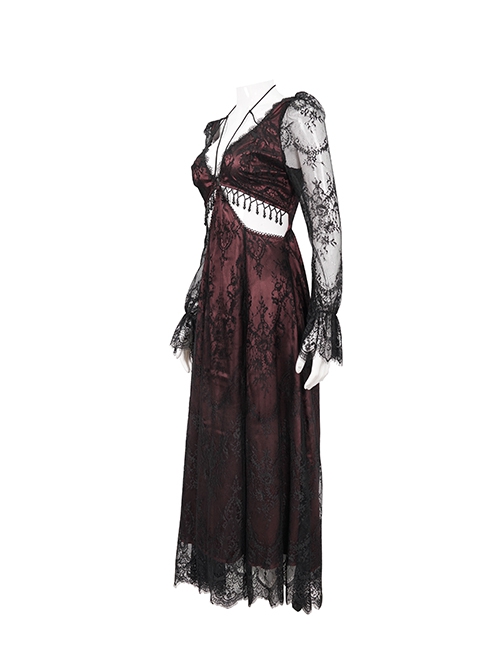 Gothic Style Sexy Lace Front Chest Metal Ring Link Waist Hollow Applique Red Long Sleeved Dress