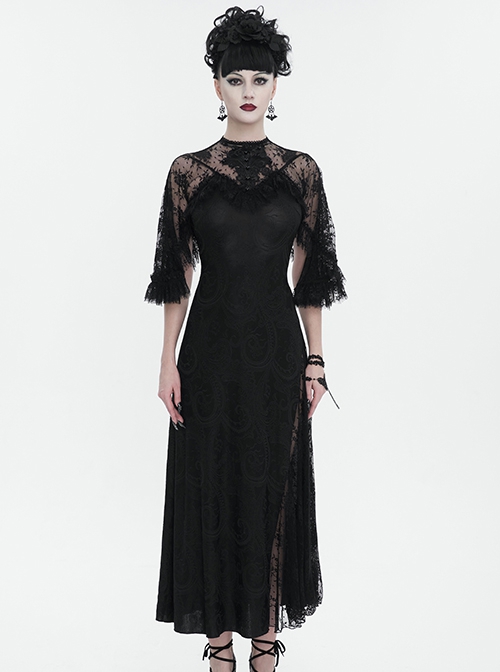 Gothic Style Sexy High Slit Elastic Pattern Knit Shoulder Slightly Transparent Lace Design Black Asymmetric Short Sleeve Dress