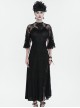 Gothic Style Sexy High Slit Elastic Pattern Knit Shoulder Slightly Transparent Lace Design Black Asymmetric Short Sleeve Dress