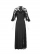 Gothic Style Sexy High Slit Elastic Pattern Knit Shoulder Slightly Transparent Lace Design Black Asymmetric Short Sleeve Dress