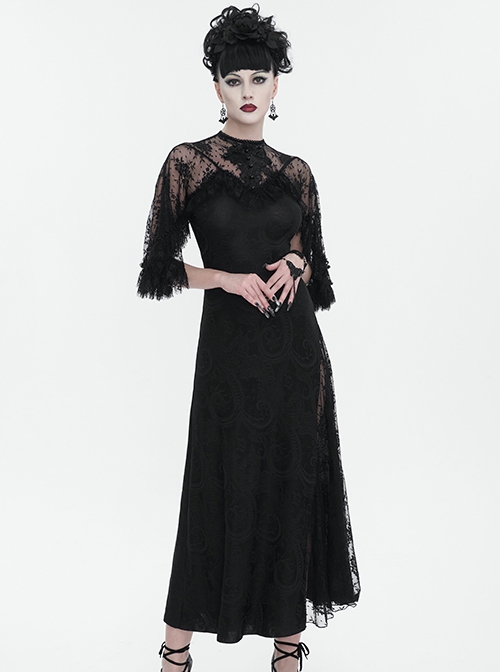 Gothic Style Sexy High Slit Elastic Pattern Knit Shoulder Slightly Transparent Lace Design Black Asymmetric Short Sleeve Dress