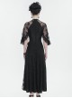 Gothic Style Sexy High Slit Elastic Pattern Knit Shoulder Slightly Transparent Lace Design Black Asymmetric Short Sleeve Dress