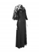 Gothic Style Sexy High Slit Elastic Pattern Knit Shoulder Slightly Transparent Lace Design Black Asymmetric Short Sleeve Dress