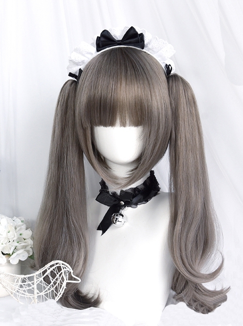 Magic Box Series Aoki Linen Cute Flat Bangs Gray Long Hair Double Ponytails Micro-Curl Sweet Lolita Wig