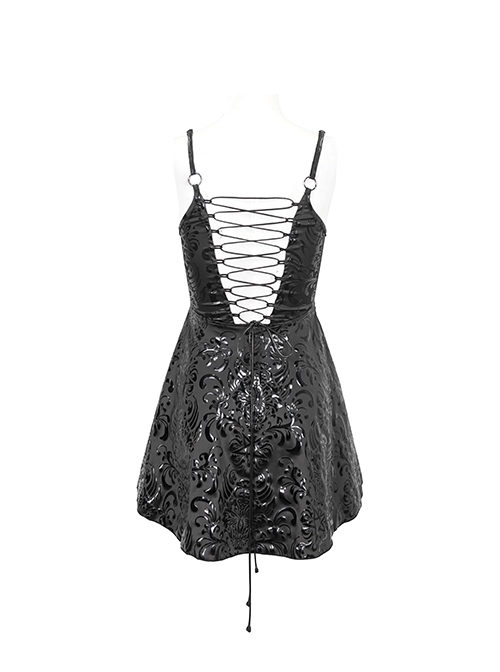 Gothic Style Sexy Hollow Embossed Pattern Adjustable Back Drawstring Design Black Suspender Dress