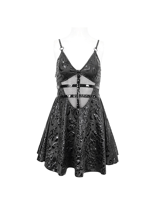 Gothic Style Sexy Hollow Embossed Pattern Adjustable Back Drawstring Design Black Suspender Dress