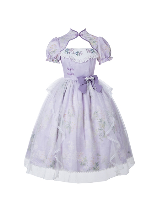 Sunny Window Series Chinese Style Cheongsam Collar Hollow Elegant Lilac Flower Embroidery Laght Purple Classic Lolita Dress