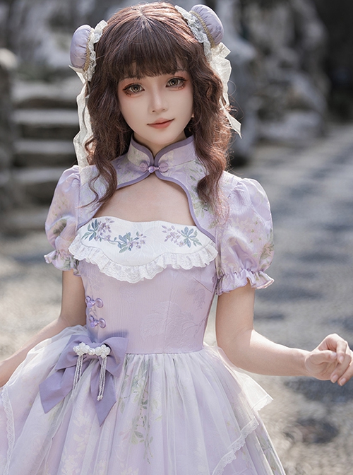 Sunny Window Series Chinese Style Cheongsam Collar Hollow Elegant Lilac Flower Embroidery Laght Purple Classic Lolita Dress