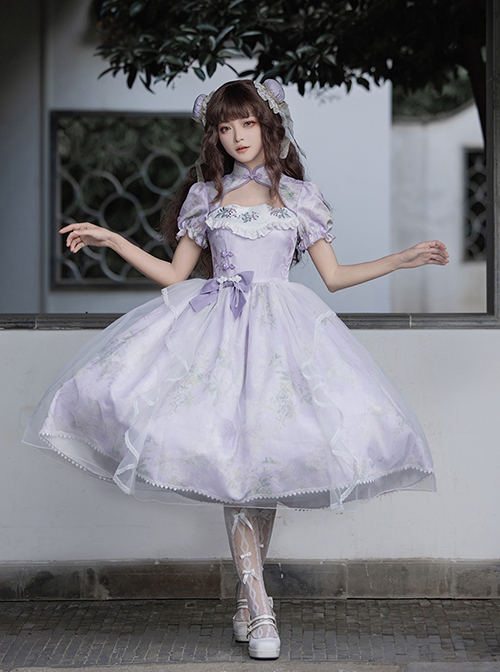 Sunny Window Series Chinese Style Cheongsam Collar Hollow Elegant Lilac Flower Embroidery Laght Purple Classic Lolita Dress