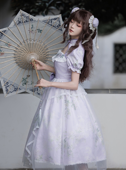 Sunny Window Series Chinese Style Cheongsam Collar Hollow Elegant Lilac Flower Embroidery Laght Purple Classic Lolita Dress