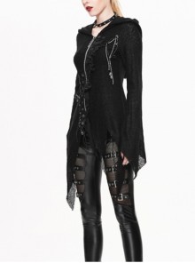 Punk Style Warm Knit With Asymmetrical Eyelet Hem Black Hooded Daily Jacket