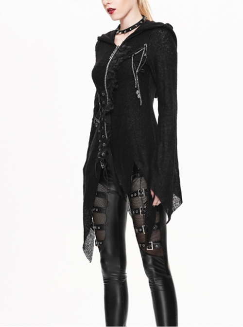 Punk Style Warm Knit With Asymmetrical Eyelet Hem Black Hooded Daily Jacket