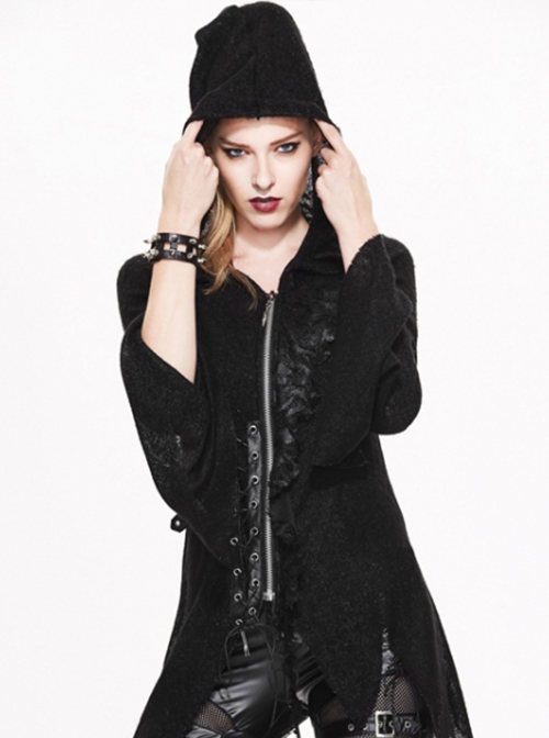 Punk Style Warm Knit With Asymmetrical Eyelet Hem Black Hooded Daily Jacket