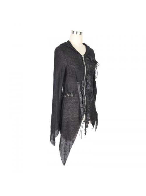 Punk Style Warm Knit With Asymmetrical Eyelet Hem Black Hooded Daily Jacket