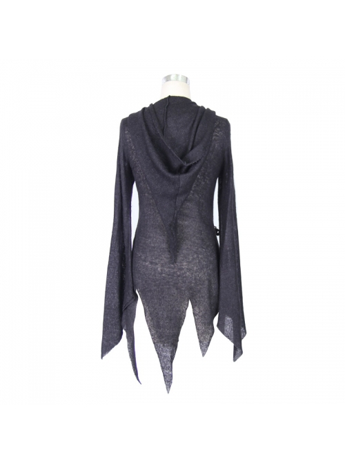 Punk Style Warm Knit With Asymmetrical Eyelet Hem Black Hooded Daily Jacket