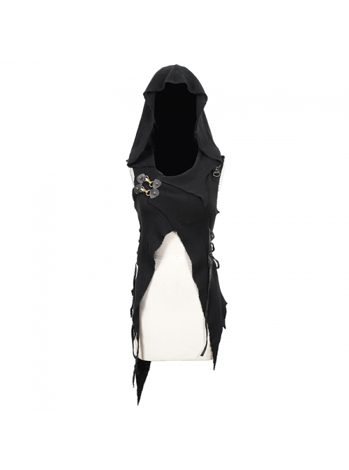 Punk Style Personality Asymmetrical Wool Raw Edge With Leather Side Eyelet Design Black Chest Wrap Lace Cape