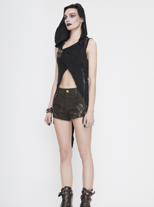 Punk Style Personality Asymmetrical Wool Raw Edge With Leather Side Eyelet Design Black Chest Wrap Lace Cape