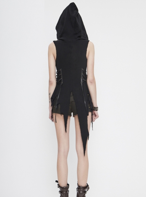 Punk Style Personality Asymmetrical Wool Raw Edge With Leather Side Eyelet Design Black Chest Wrap Lace Cape