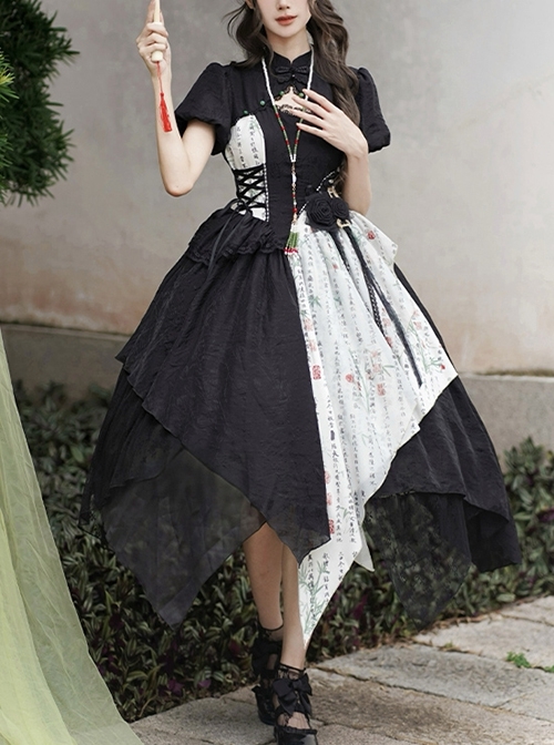 Frosty Moonlit Night Series Black Puff Sleeves China Style Irregular Calligraphy Print Ribbon Bowknot Elegant Classic Dress