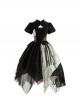 Frosty Moonlit Night Series Black Puff Sleeves China Style Irregular Calligraphy Print Ribbon Bowknot Elegant Classic Dress