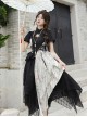 Frosty Moonlit Night Series Black Puff Sleeves China Style Irregular Calligraphy Print Ribbon Bowknot Elegant Classic Dress