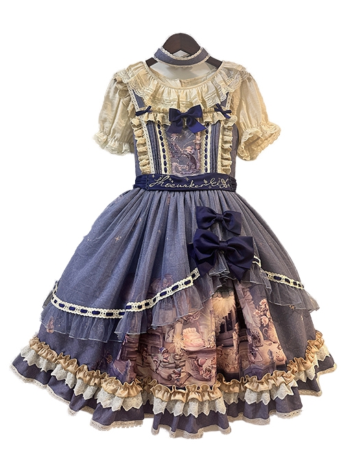 Shoemaker Elf Series Cute Fairy Tale Style Elegant Blue Ribbon Bowknot Ruffles Mesh Yarn Sweet Lolita Sleeveless Dress