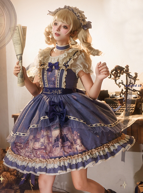 Shoemaker Elf Series Cute Fairy Tale Style Elegant Blue Ribbon Bowknot Ruffles Mesh Yarn Sweet Lolita Sleeveless Dress