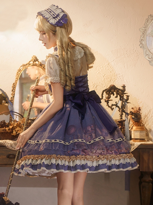 Shoemaker Elf Series Cute Fairy Tale Style Elegant Blue Ribbon Bowknot Ruffles Mesh Yarn Sweet Lolita Sleeveless Dress