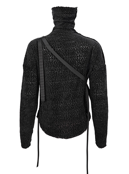 Punk Style Warm Grain Pattern High Collar Shoulder Metal Eyelet Strap With Irregular Hem Black Long Sleeved Sweater