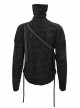 Punk Style Warm Grain Pattern High Collar Shoulder Metal Eyelet Strap With Irregular Hem Black Long Sleeved Sweater