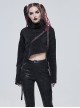 Punk Style Warm Grain Pattern High Collar Shoulder Metal Eyelet Strap With Irregular Hem Black Long Sleeved Sweater