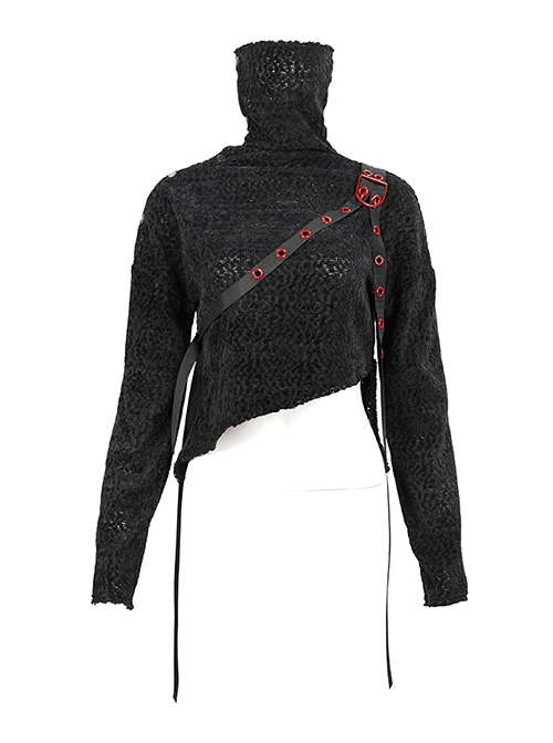 Punk Style Warm Grain Pattern High Collar Shoulder Metal Eyelet Strap With Irregular Hem Black Long Sleeved Sweater