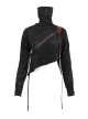 Punk Style Warm Grain Pattern High Collar Shoulder Metal Eyelet Strap With Irregular Hem Black Long Sleeved Sweater