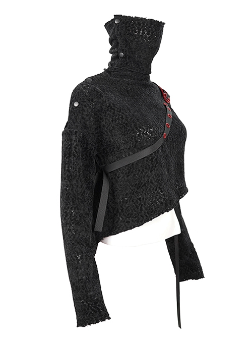 Punk Style Warm Grain Pattern High Collar Shoulder Metal Eyelet Strap With Irregular Hem Black Long Sleeved Sweater