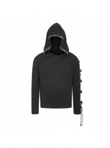 Punk Style Stretch Wool With Asymmetrical Hollow Eyelet Tie String Long Sleeve Black Warm Hooded Sweater